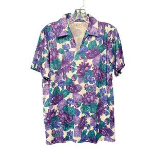 Vintage 60/70s Haband For Her Purple Floral Short Sleeve Polo Shirt Size M 100%